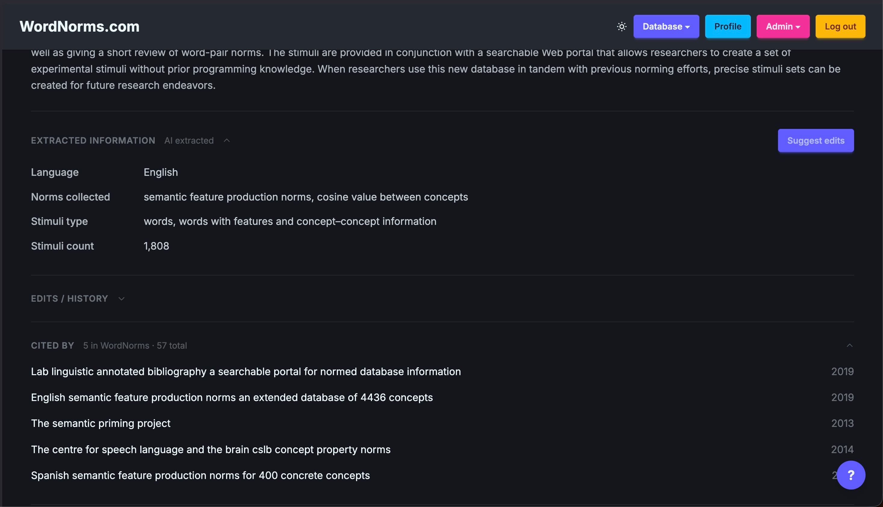 Paper detail page showing the Extracted Information section with a Suggest edits button
