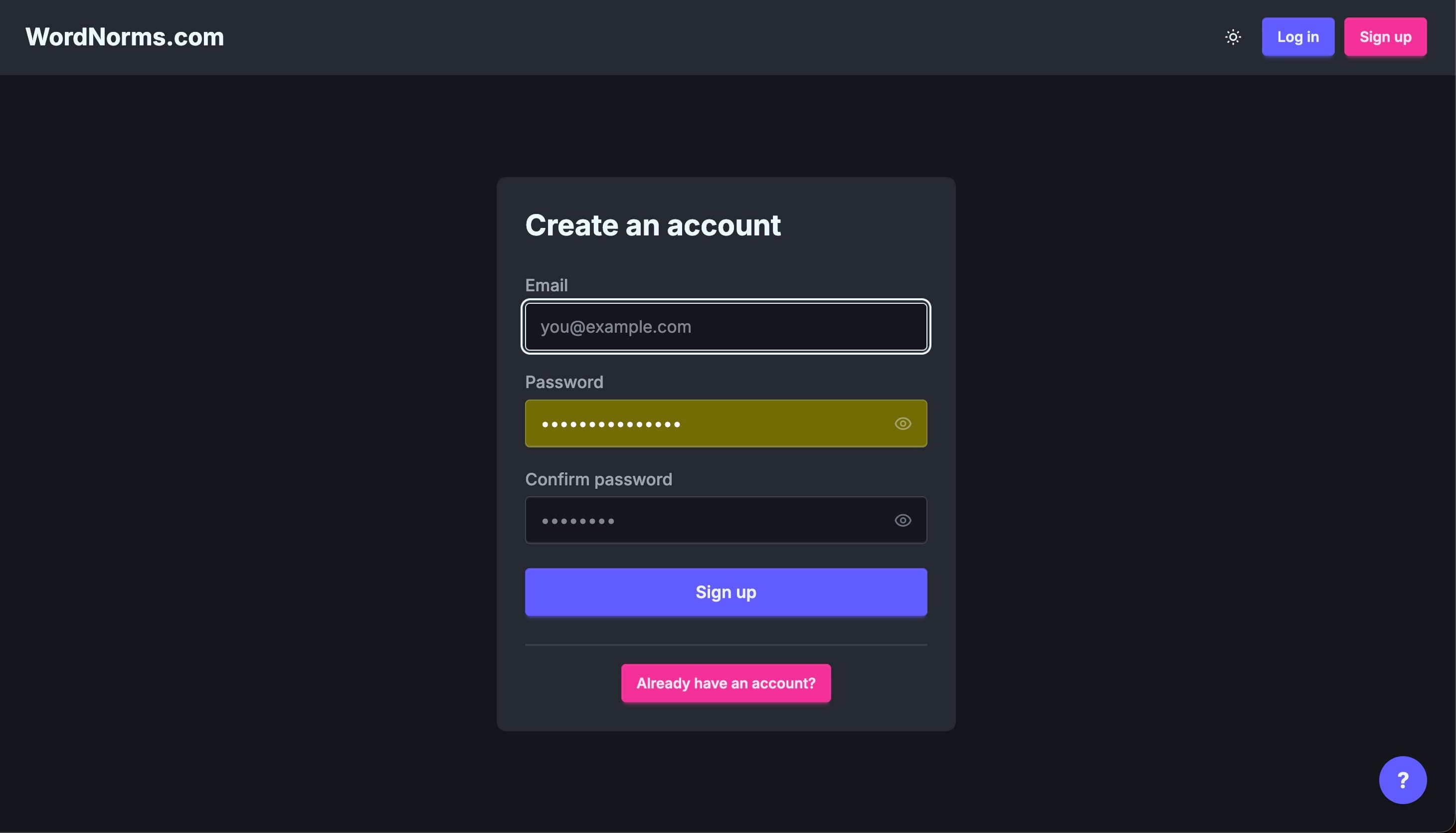 Signup page with email and password fields